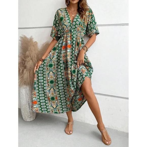 New Allover Print Batwing Sleeve Dress Maxi Vacation Beach Outfits Women - Picture 4 of 6